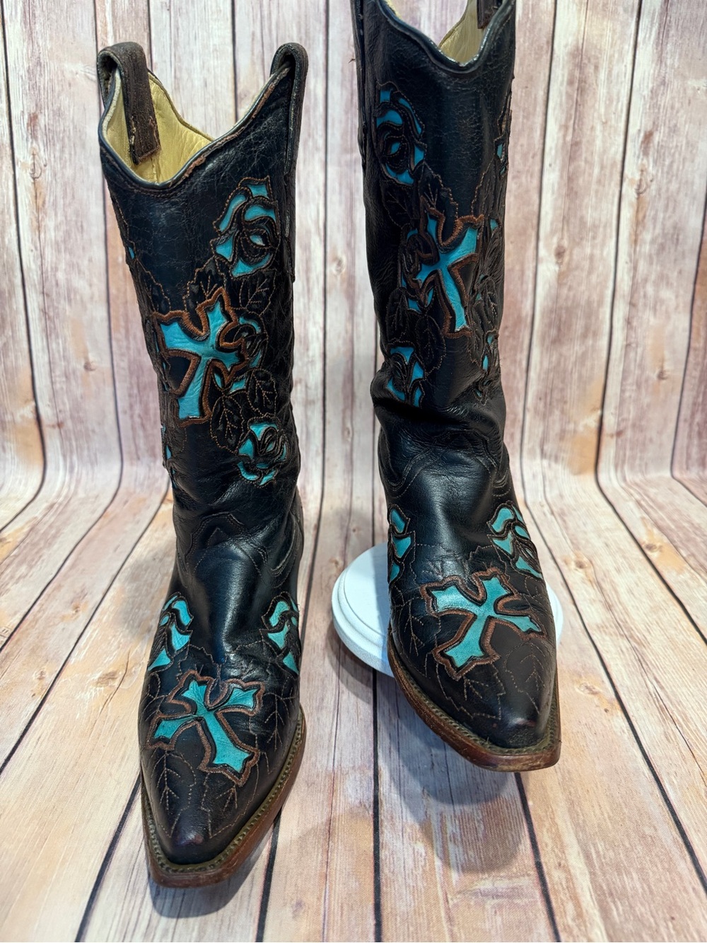 Corral Boots w/ Turquoise Cross Embroidered Black Leather Women's Boots - 8